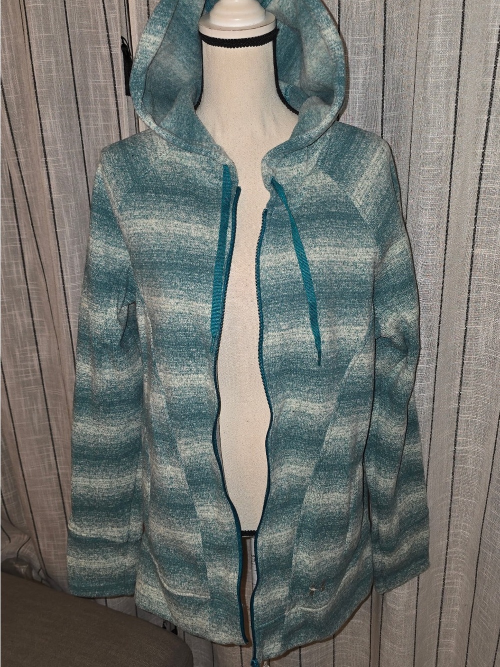 Under Armour Teal and Light Gray Striped Hooded Zip Jacket with Drawstrings